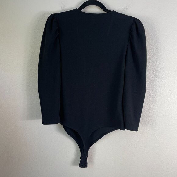 NEW Express Womens Large Black Deep V Neck Puff Sleeve Bodysuit Textured Top - Picture 10 of 10